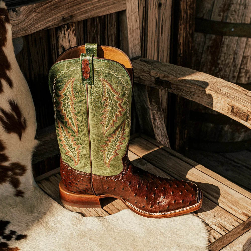 Featured Style: Hayden 13” Full Quill Ostrich Western Boots in green and brown. Shop Hayden 13” Full Quill Ostrich Western Boots.